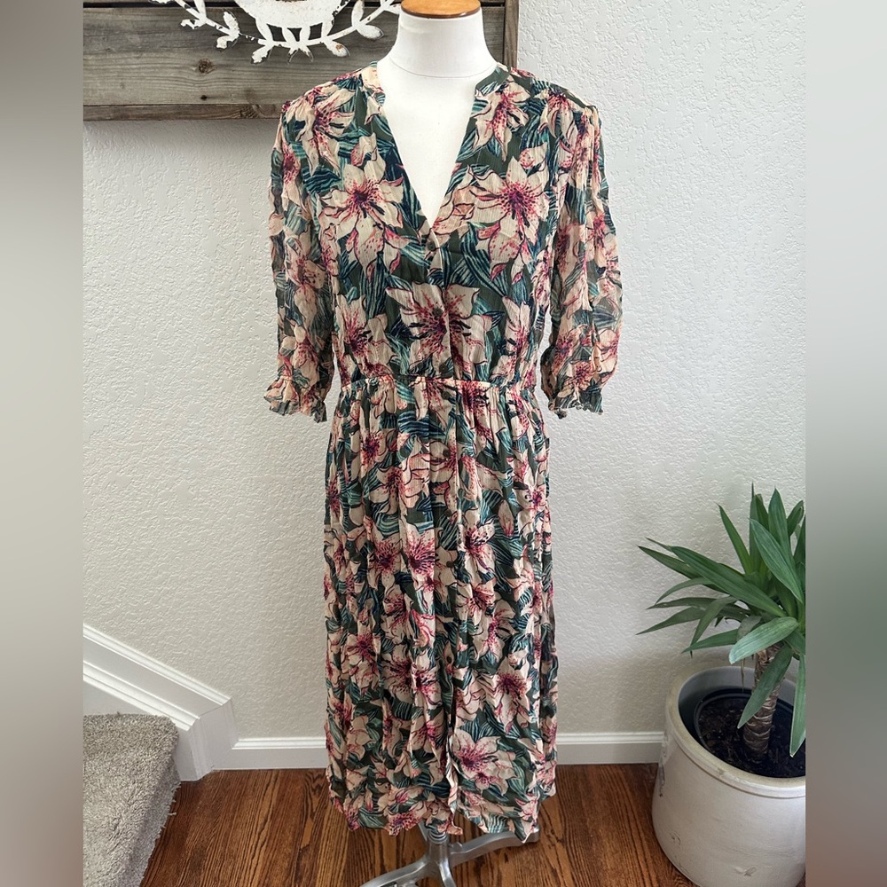 ba&sh floral V-Neck Midi Dress in Green and‎ Pink ladies size M